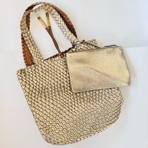 Calvin Klein leather woven bag with removable clutch - gold
